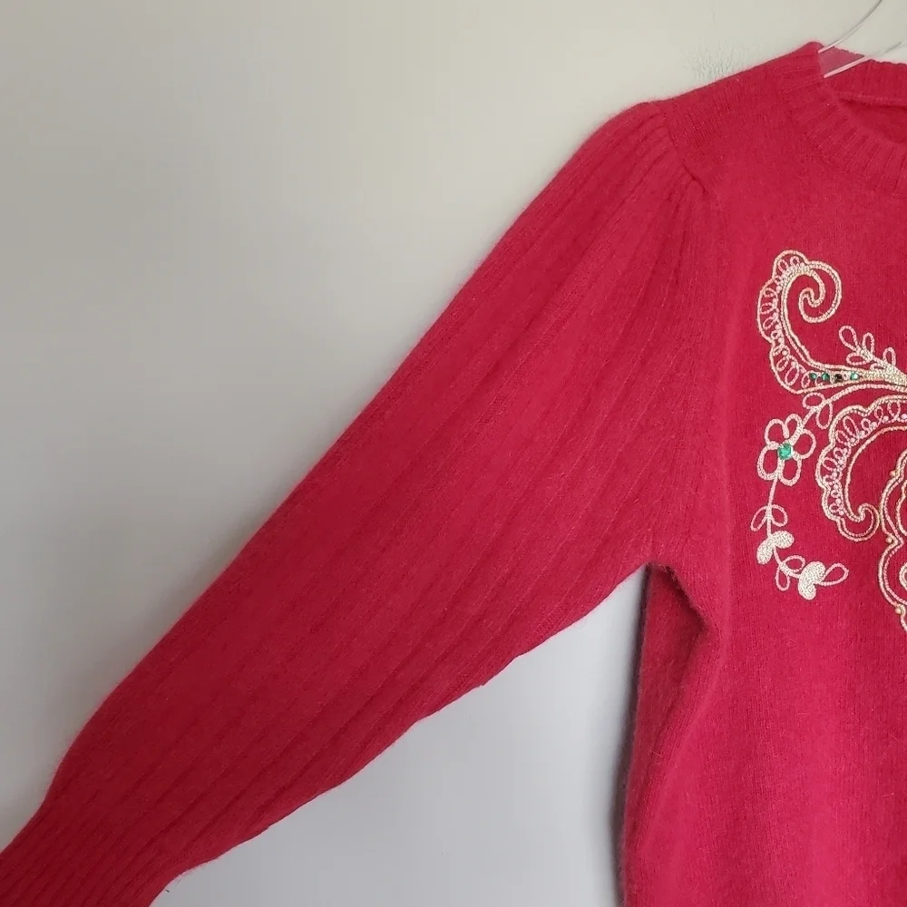 Vintage Kenji RN# 75343 Reindeer Holiday Sequin Embroidered Angora Wool Sweater